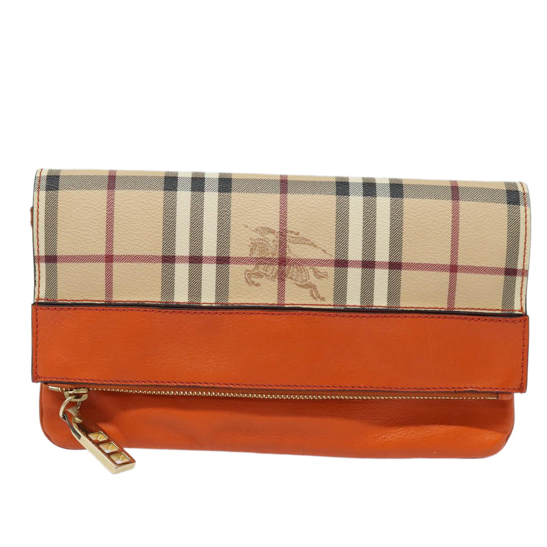 Burberry Nova Check Clutch Bag PVC Leather Beige Orange Auth 83126A