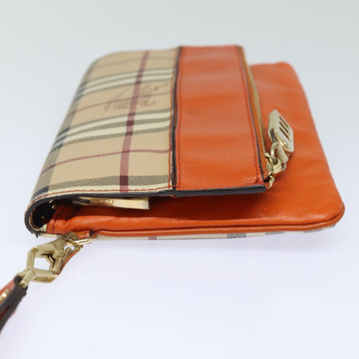 Burberry Nova Check Clutch Bag PVC Leather Beige Orange Auth 83126A