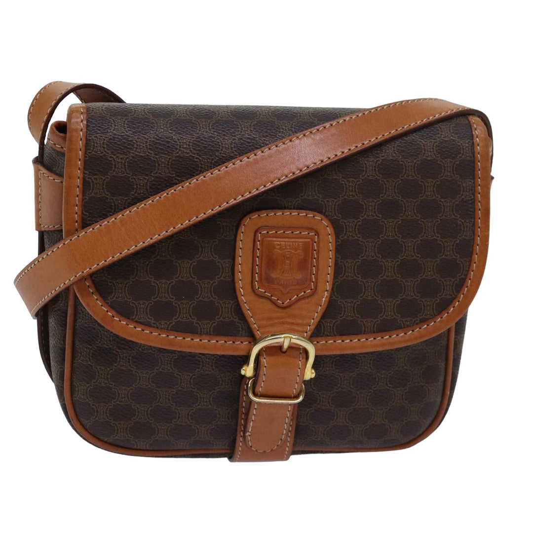 Celine Macadam Canvas Shoulder Bag PVC Leather Brown Auth 83200