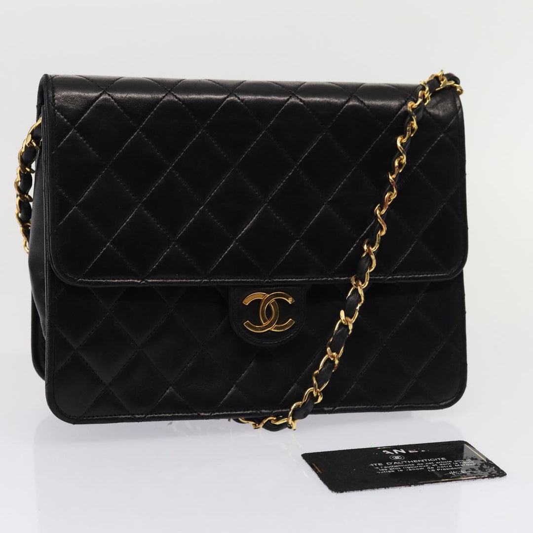Top Quality Chanel Matelasse Chain Shoulder Bag Lamb Skin Black CC Auth 83342