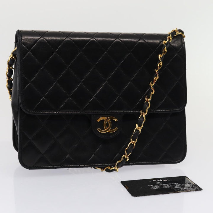 Top Quality Chanel Matelasse Chain Shoulder Bag Lamb Skin Black CC Auth 83342