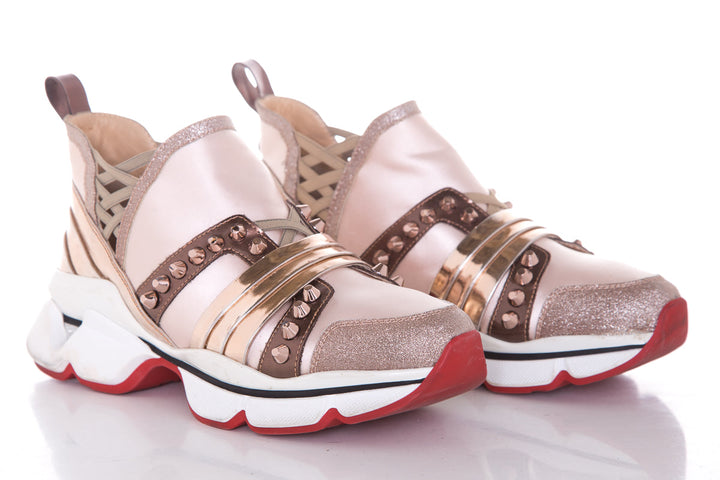 Christian Louboutin Rose Gold Glitter/ Studded Cortis Sneakers SZ 37.5