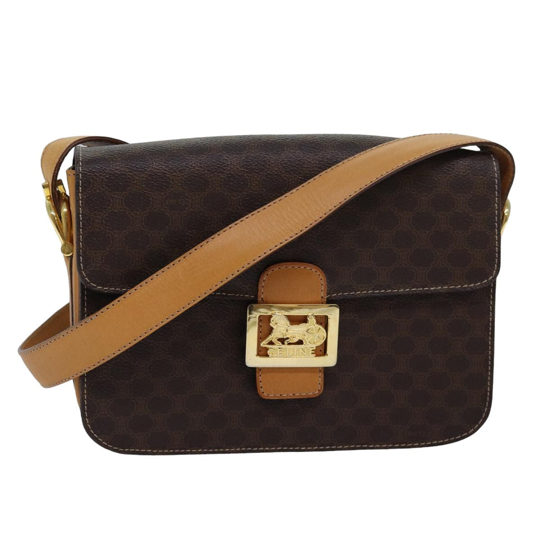 Celine Macadam Canvas Shoulder Bag PVC Leather Brown Auth 83573