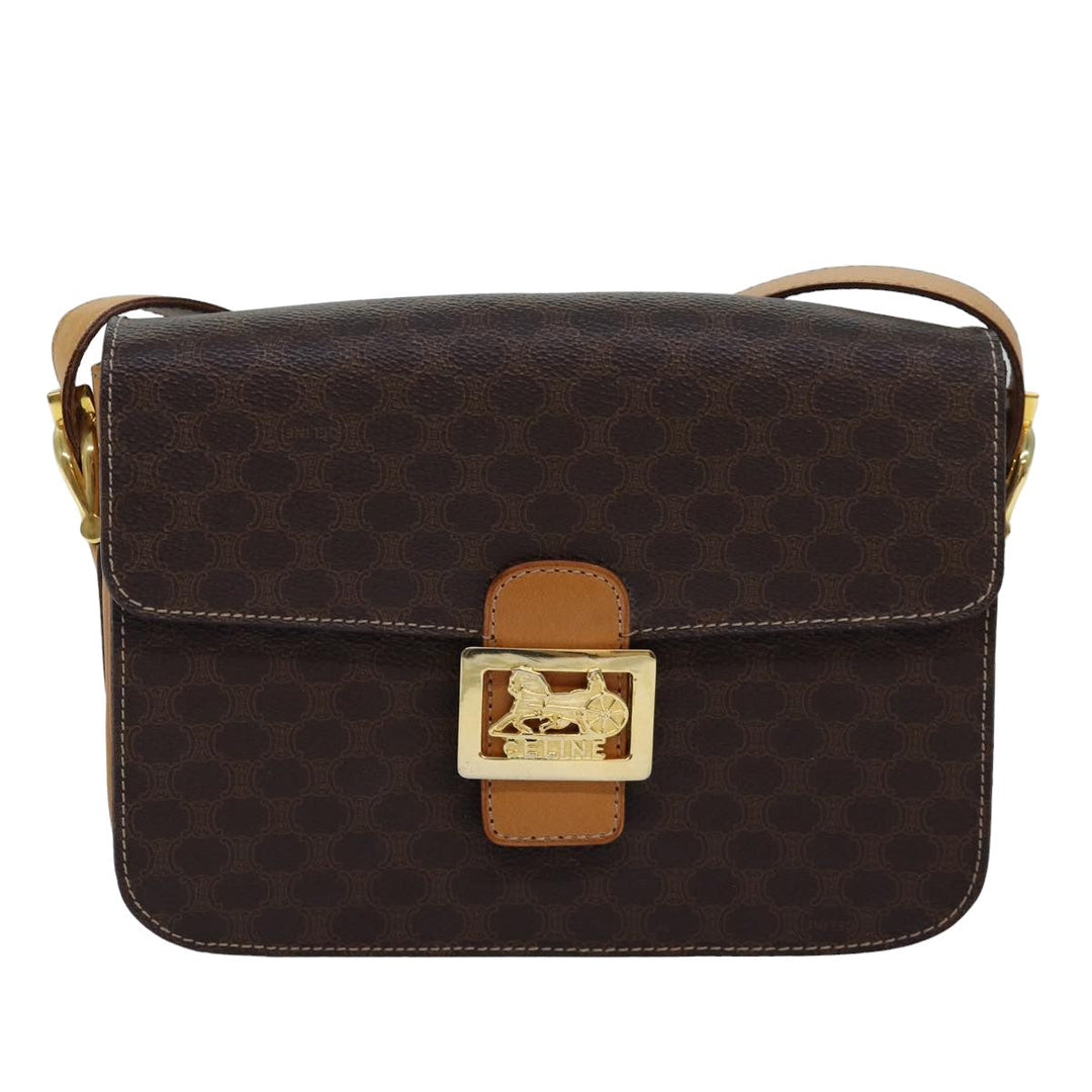 Celine Macadam Canvas Shoulder Bag PVC Leather Brown Auth 83573