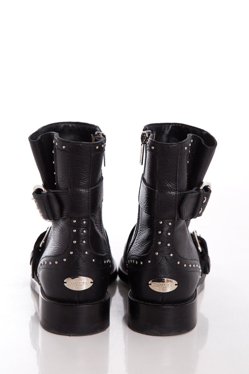 Jimmy Choo Black Leather & Silver Studded Boots SZ 37