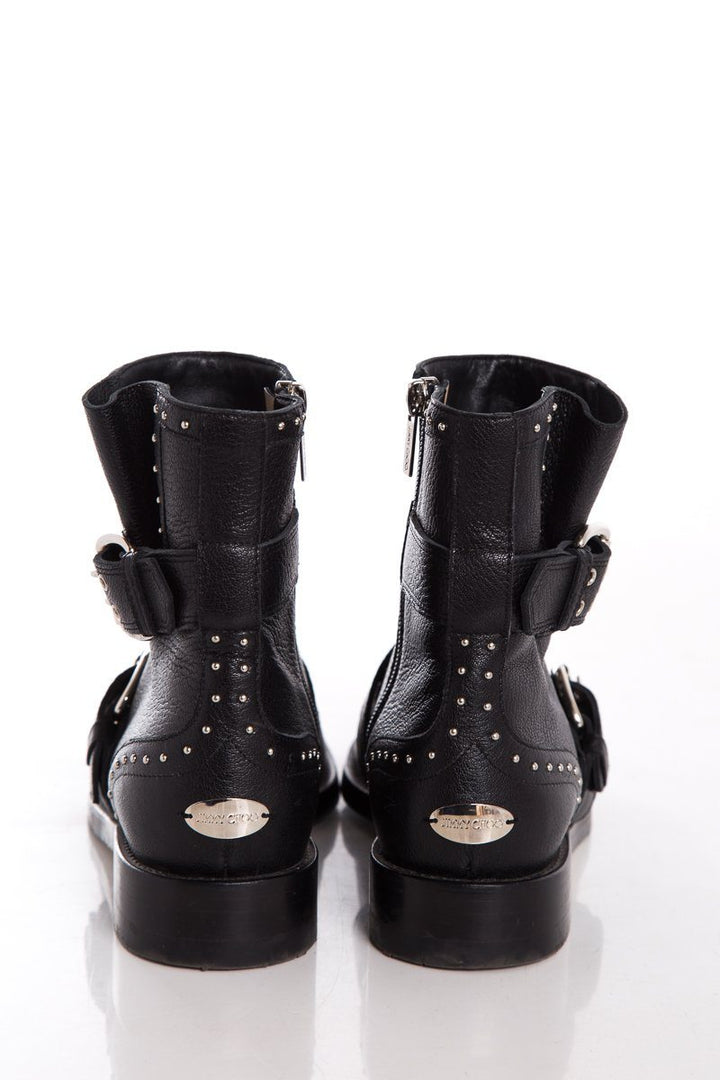 Jimmy Choo Black Leather & Silver Studded Boots SZ 37