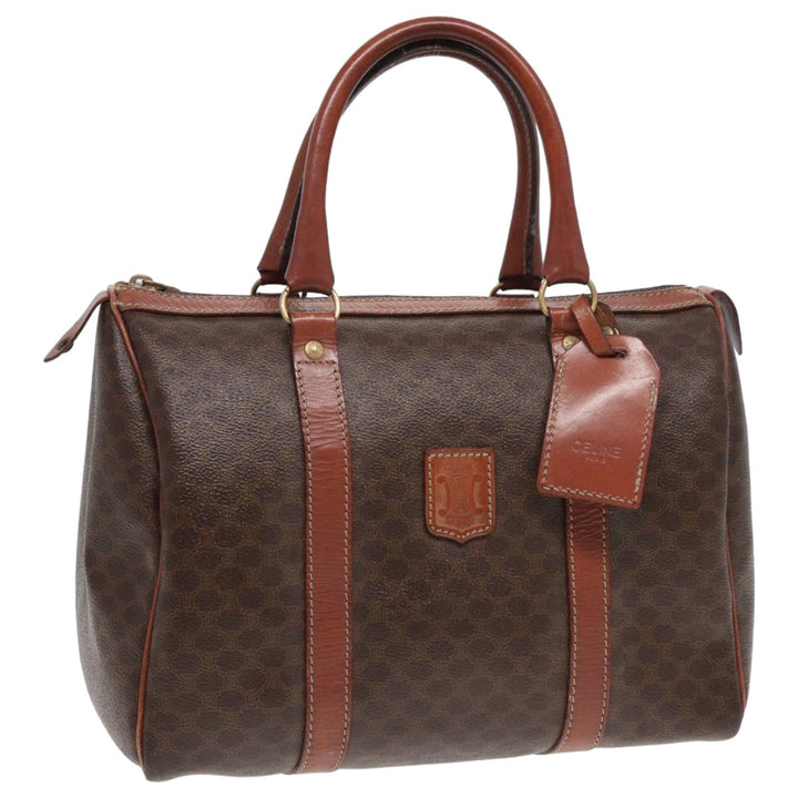 Celine Macadam Canvas Boston Bag PVC Leather Brown Auth 83674