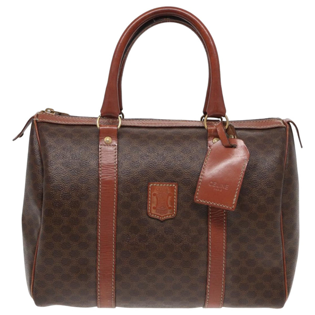 Celine Macadam Canvas Boston Bag PVC Leather Brown Auth 83674