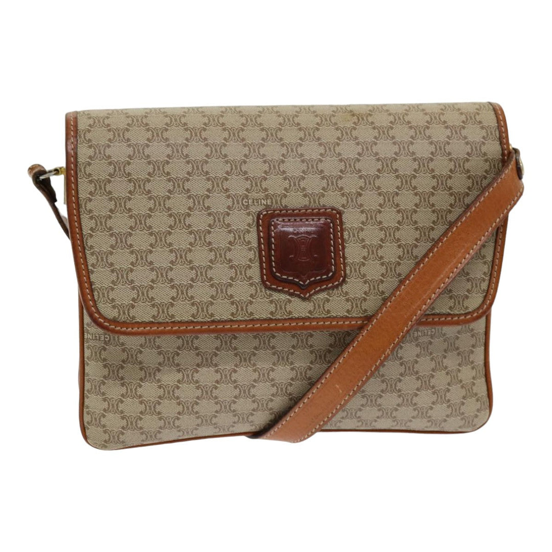 Celine Macadam Canvas Shoulder Bag PVC Leather Beige Auth 83676