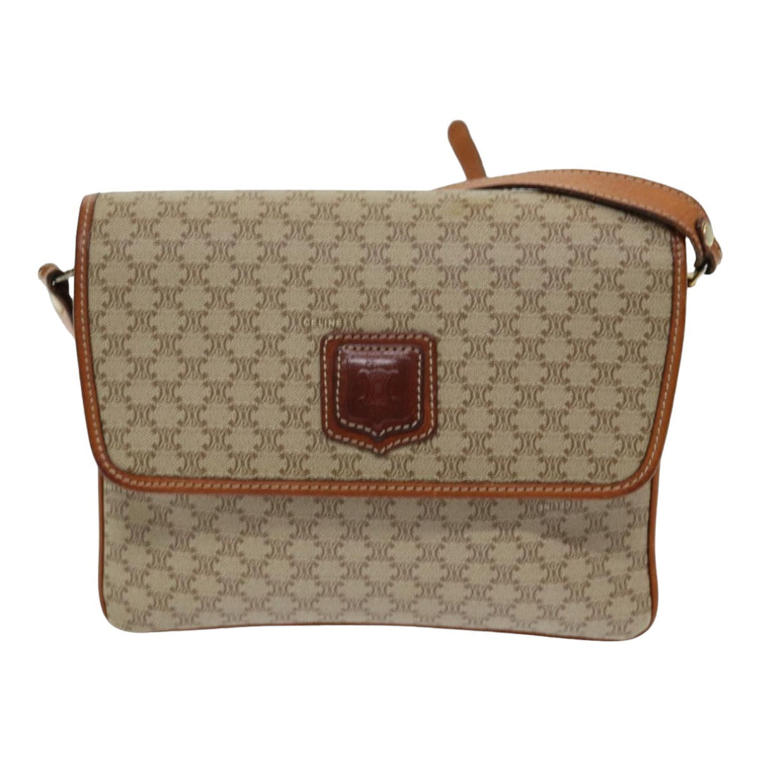 Celine Macadam Canvas Shoulder Bag PVC Leather Beige Auth 83676