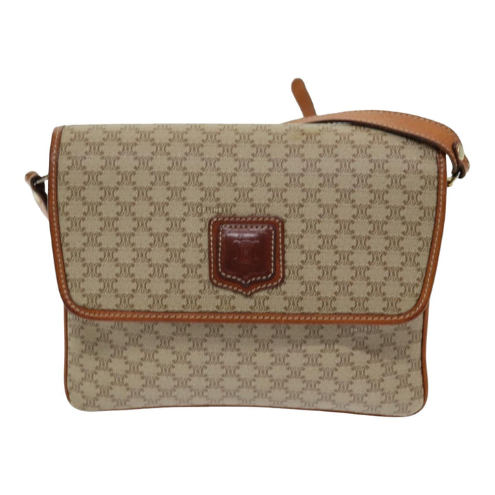 Celine Macadam Canvas Shoulder Bag PVC Leather Beige Auth 83676