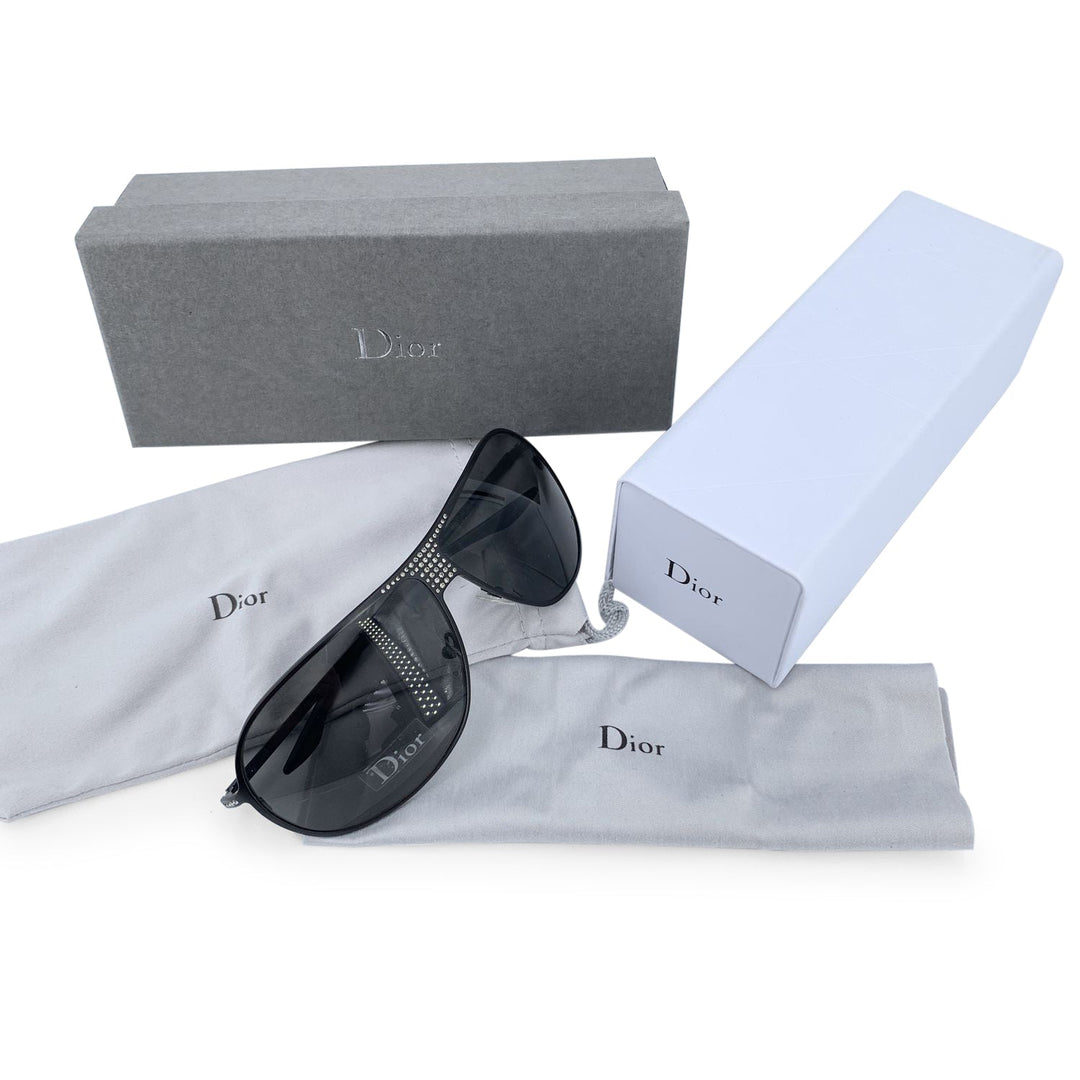 CHRISTIAN Dior Black Aviator Hard Dior1 Sunglasses With Crystals
