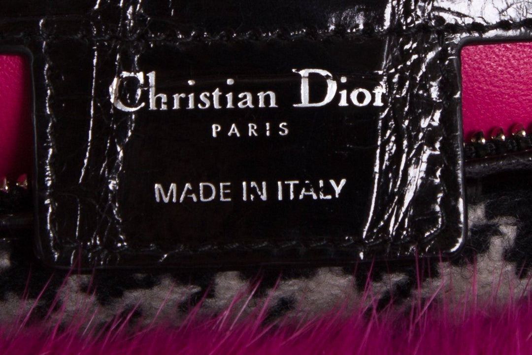 Christian Top quality Dior Black & White Wool Houndstooth Mink Trim Crocodile Handle Bag
