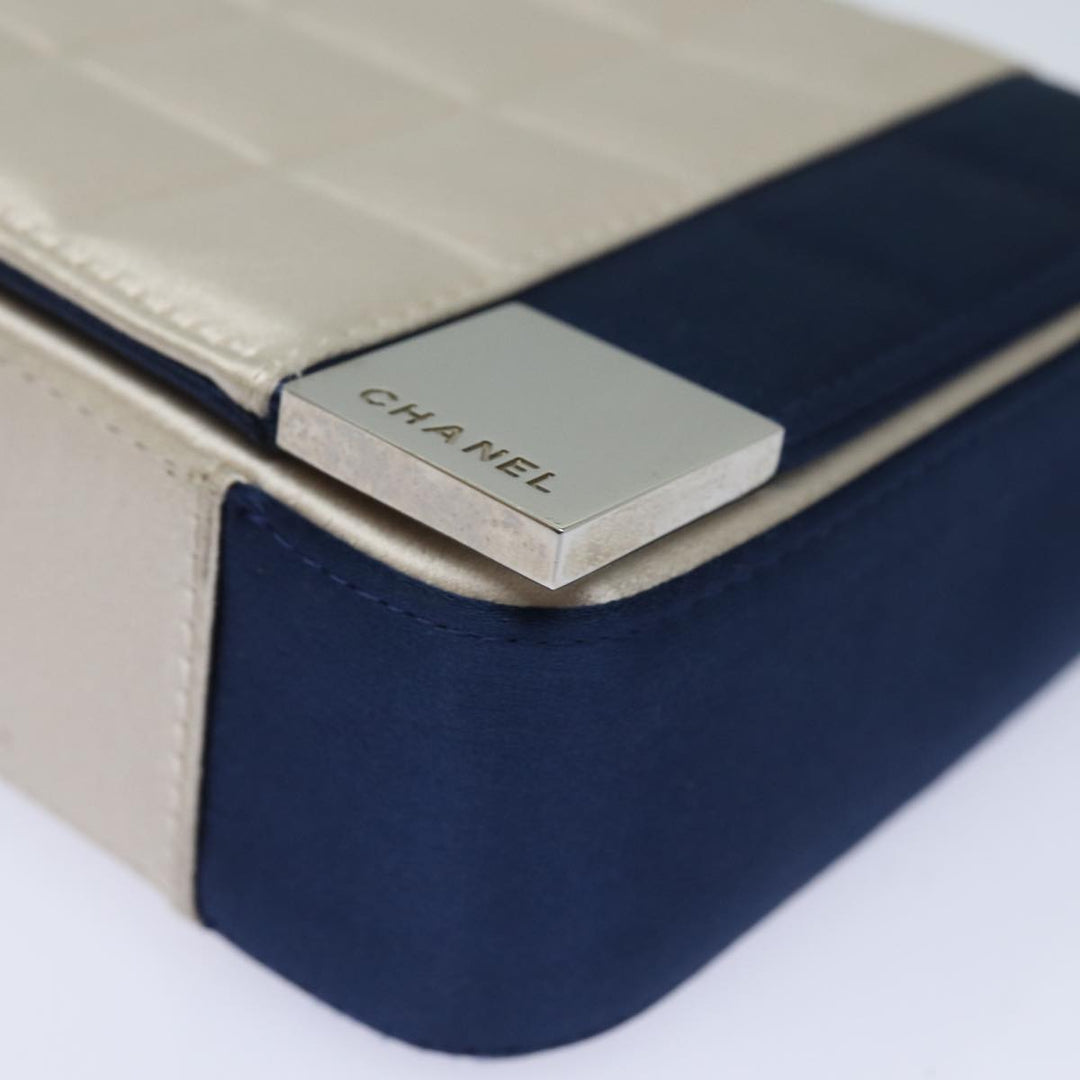 Top Quality Chanel Choco Bar Line Chain Shoulder Bag Satin Blue Beige CC Auth 84220