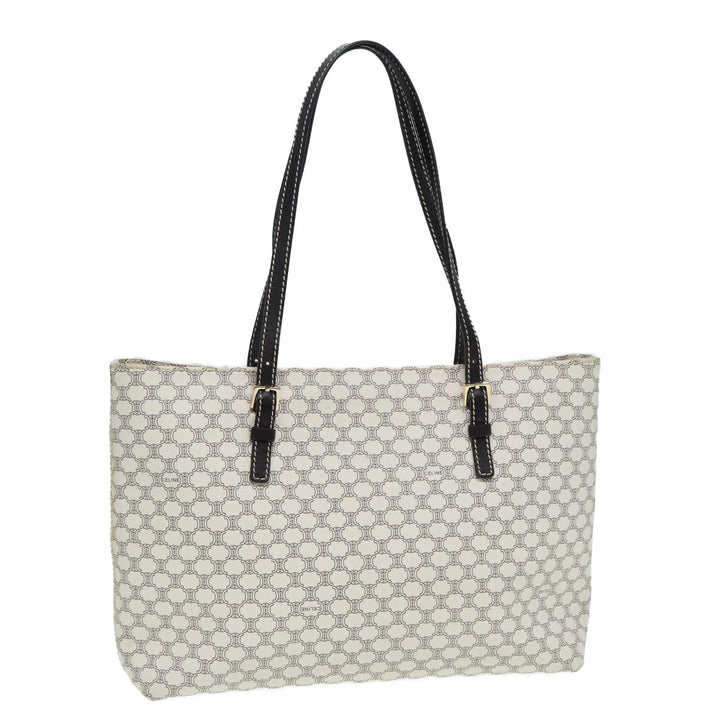 Celine Macadam Canvas Tote Bag PVC Leather White Auth 84421