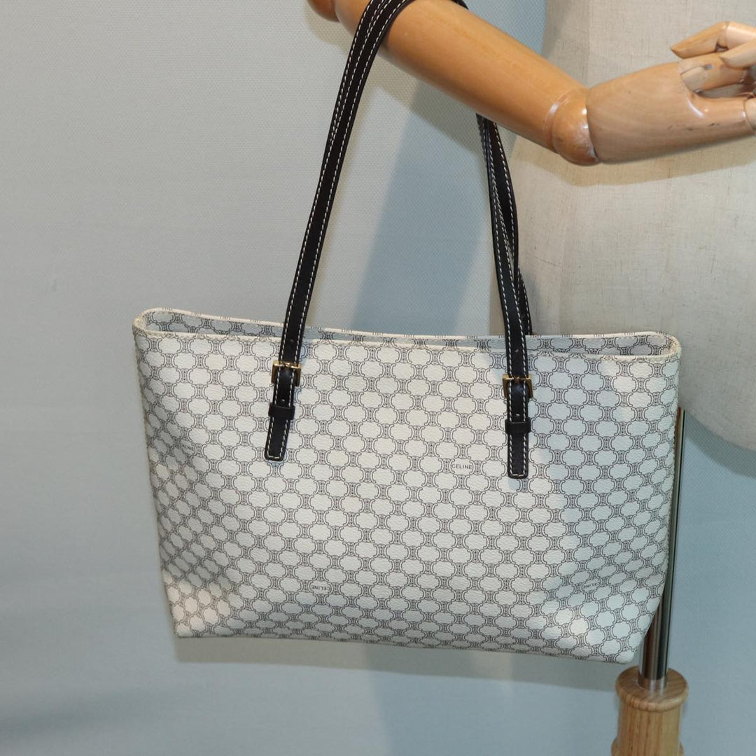 Celine Macadam Canvas Tote Bag PVC Leather White Auth 84421