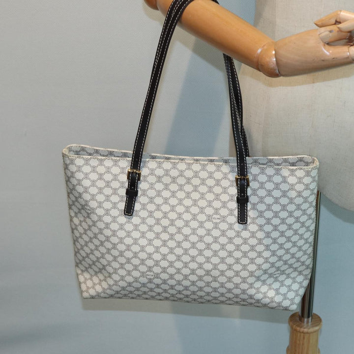 Celine Macadam Canvas Tote Bag PVC Leather White Auth 84421