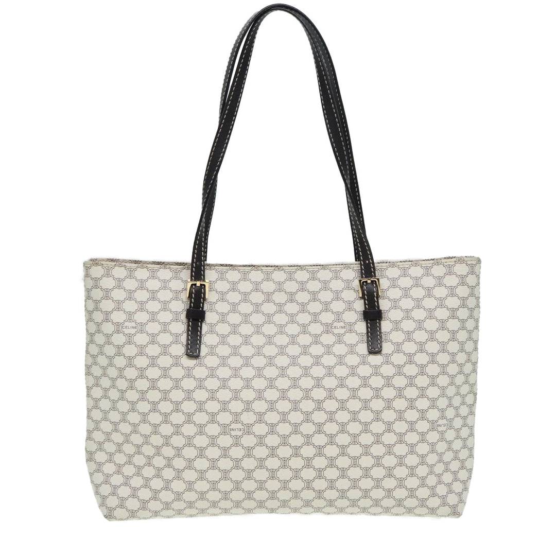 Celine Macadam Canvas Tote Bag PVC Leather White Auth 84421