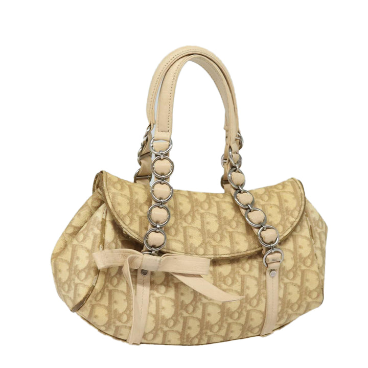 CHRISTIAN Top quality Dior Trotter Canvas Hand Bag PVC Leather Beige Auth 84477