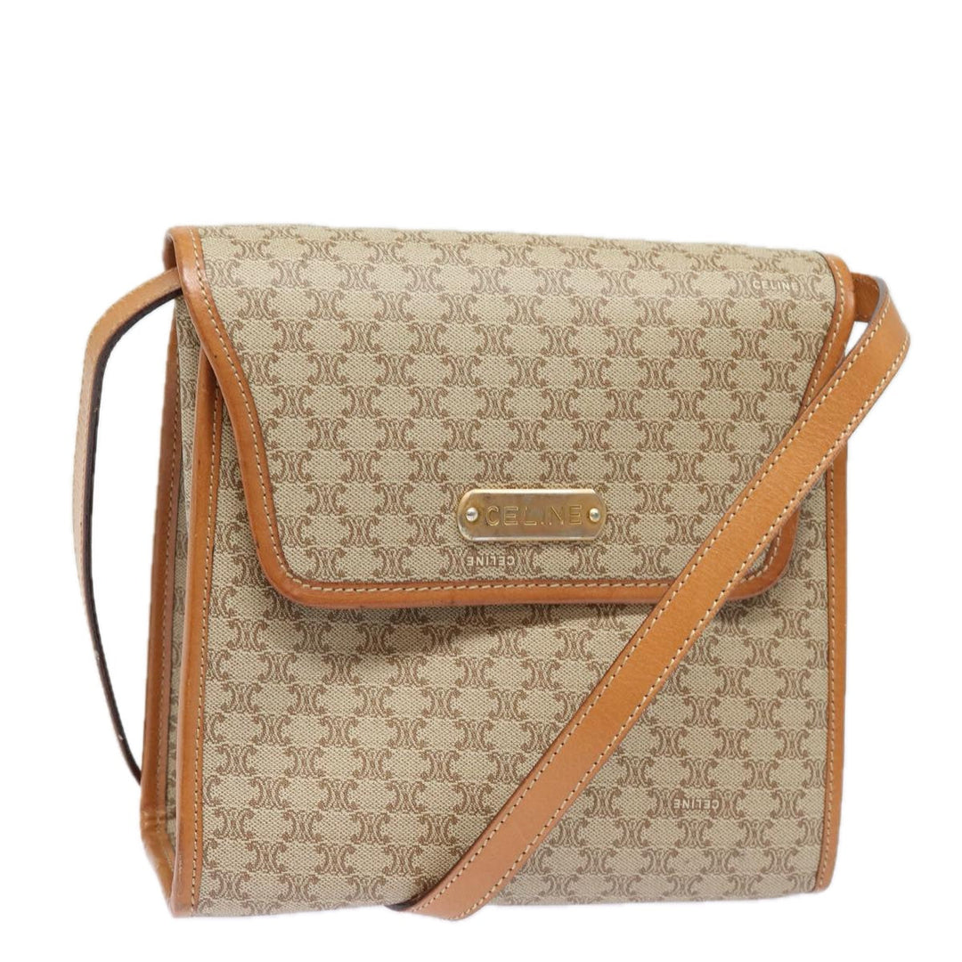 Celine Macadam Canvas Shoulder Bag Beige Gold Auth 84551