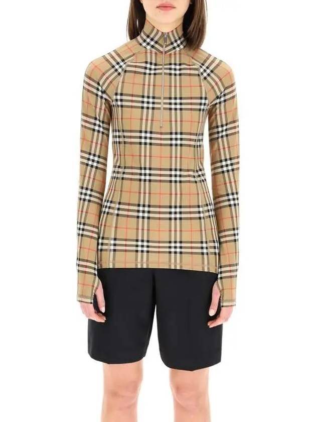 Burberry WoMen's Check Stretch Jersey Half Zip Up Long Sleeve T-Shirt Beige