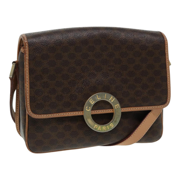 Celine Macadam Canvas Shoulder Bag PVC Leather Brown Gold Auth 85341