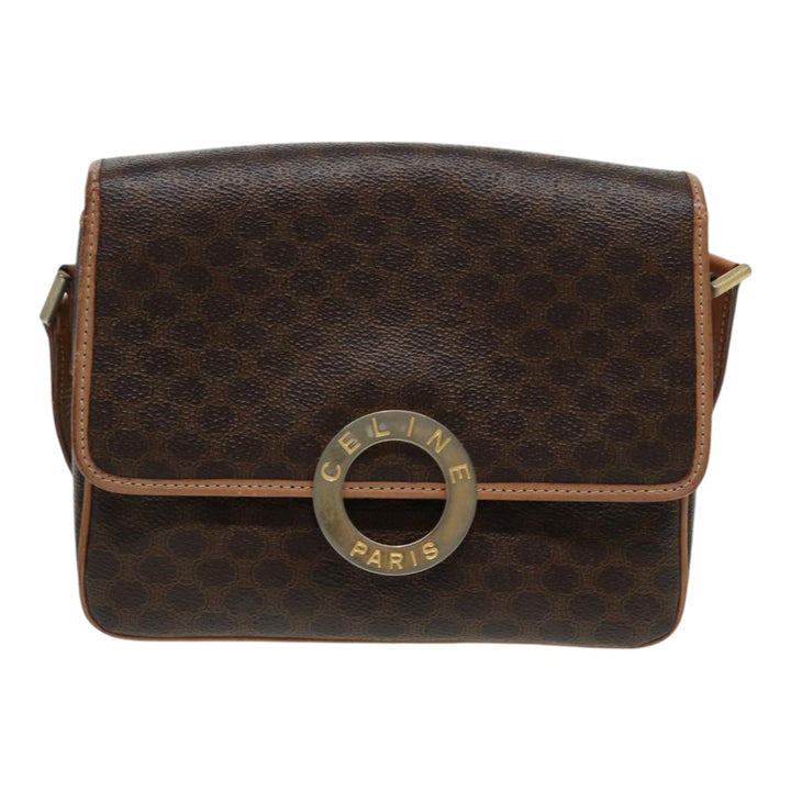 Celine Macadam Canvas Shoulder Bag PVC Leather Brown Gold Auth 85341