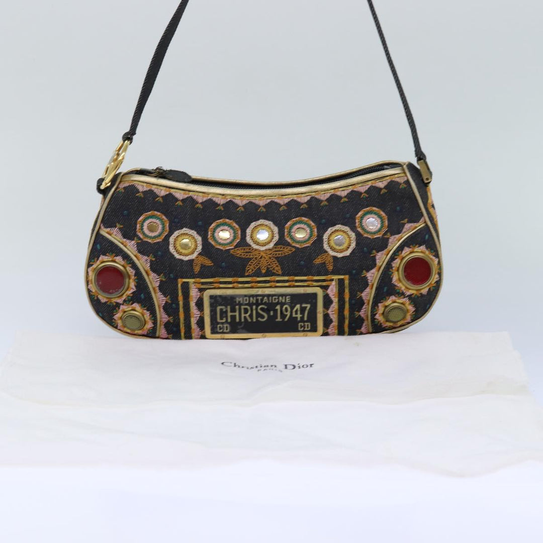 CHRISTIAN Top quality Dior Hand Bag Canvas Blue Gold Auth 85438A