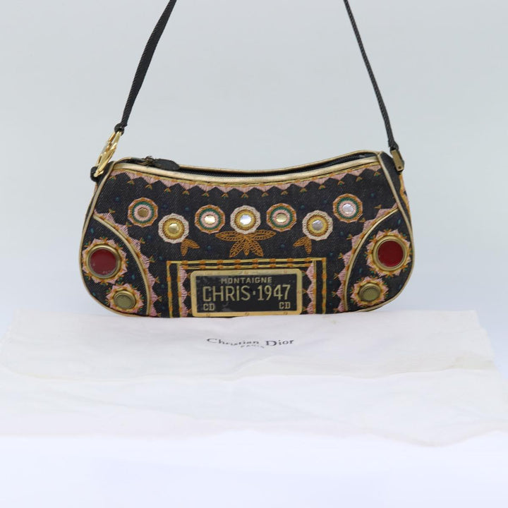 CHRISTIAN Top quality Dior Hand Bag Canvas Blue Gold Auth 85438A