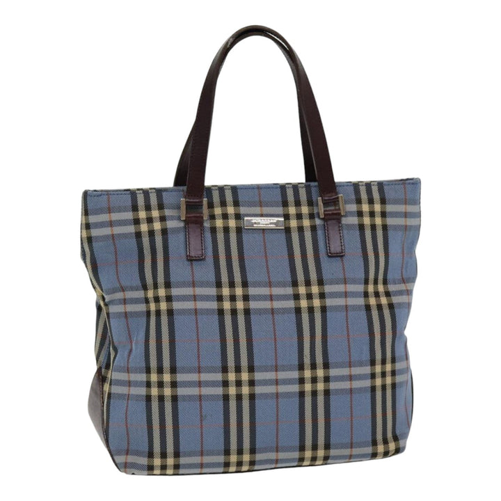 Burberry Nova Check Blue Label Hand Bag Nylon Blue Brown Silver Auth 85542