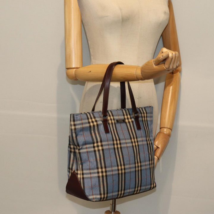 Burberry Nova Check Blue Label Hand Bag Nylon Blue Brown Silver Auth 85542