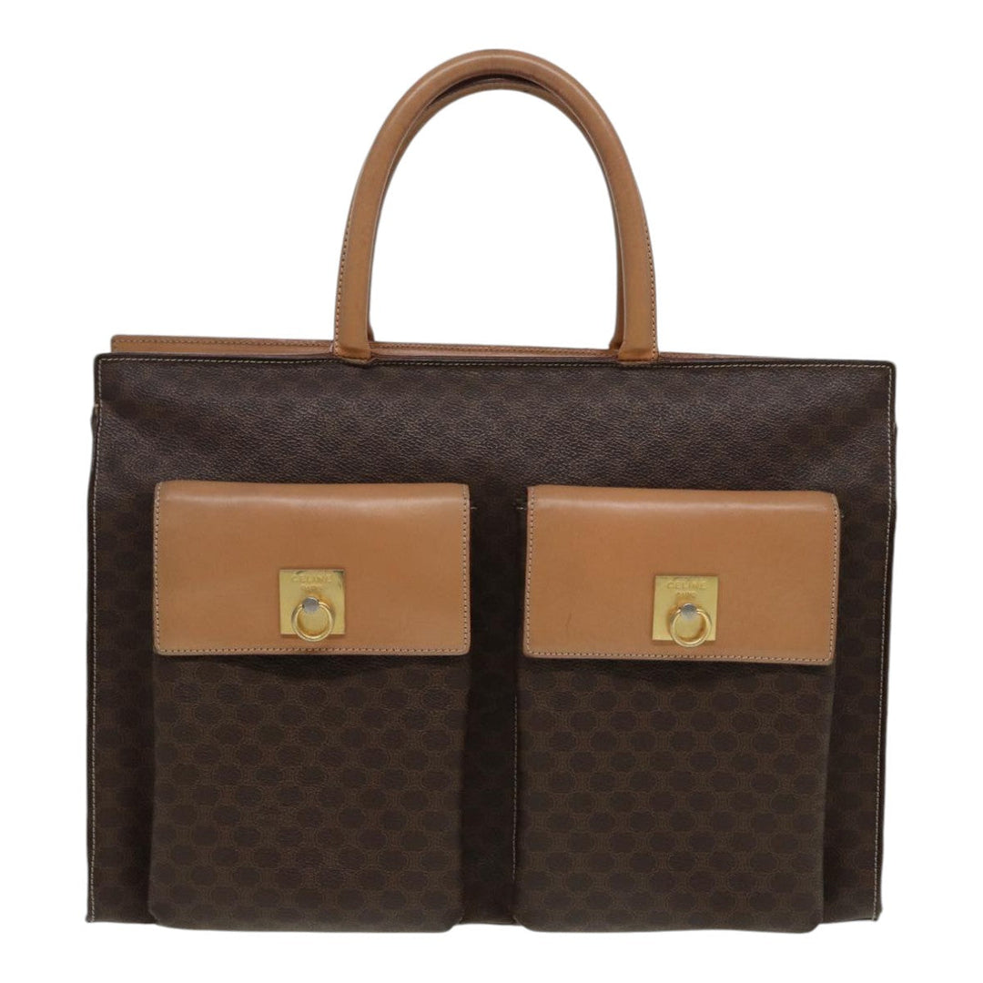 Celine Macadam Canvas Hand Bag PVC Leather Brown Gold Auth 85545