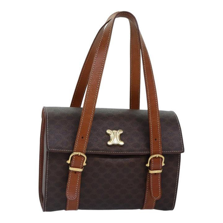 Celine Macadam Canvas Shoulder Bag PVC Leather Brown Gold Auth 85679