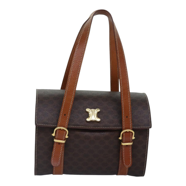 Celine Macadam Canvas Shoulder Bag PVC Leather Brown Gold Auth 85679