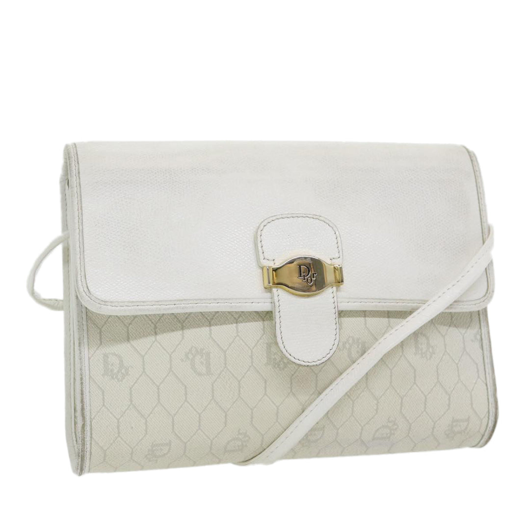 CHRISTIAN Top quality Dior Honeycomb Canvas Shoulder Bag PVC Leather White Gold Auth 85684