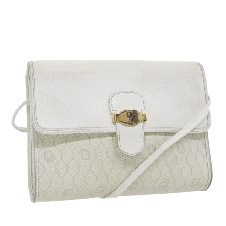 CHRISTIAN Top quality Dior Honeycomb Canvas Shoulder Bag PVC Leather White Gold Auth 85684