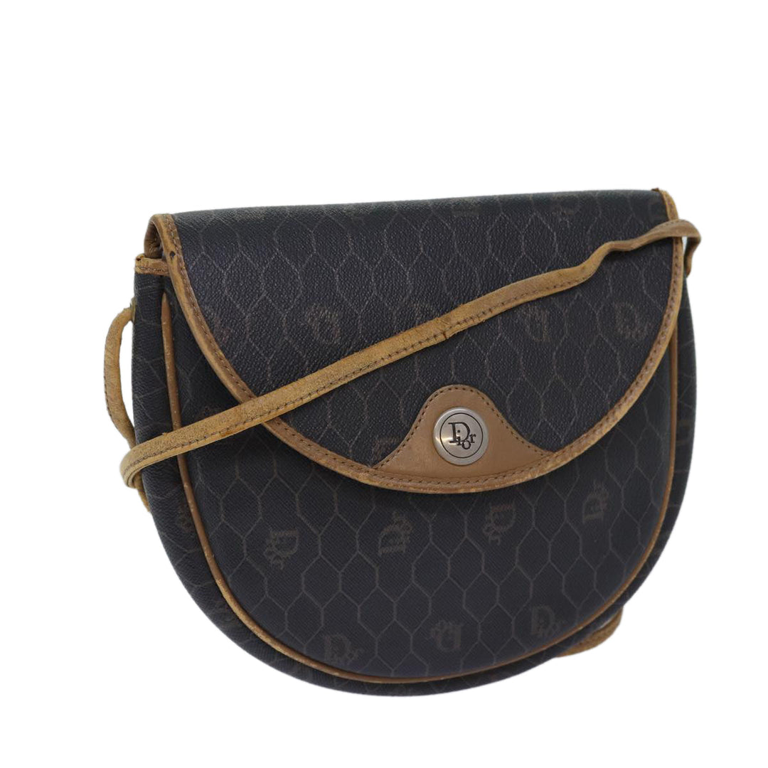 CHRISTIAN Top quality Dior Honeycomb Canvas Shoulder Bag PVC Leather Brown Silver Auth 85690