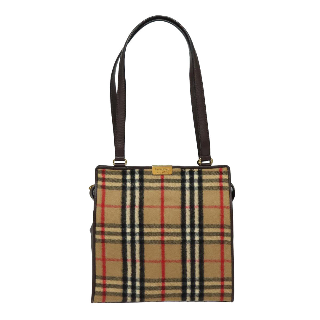BurberrySs Nova Check Shoulder Bag Wool Beige Gold Auth 85746
