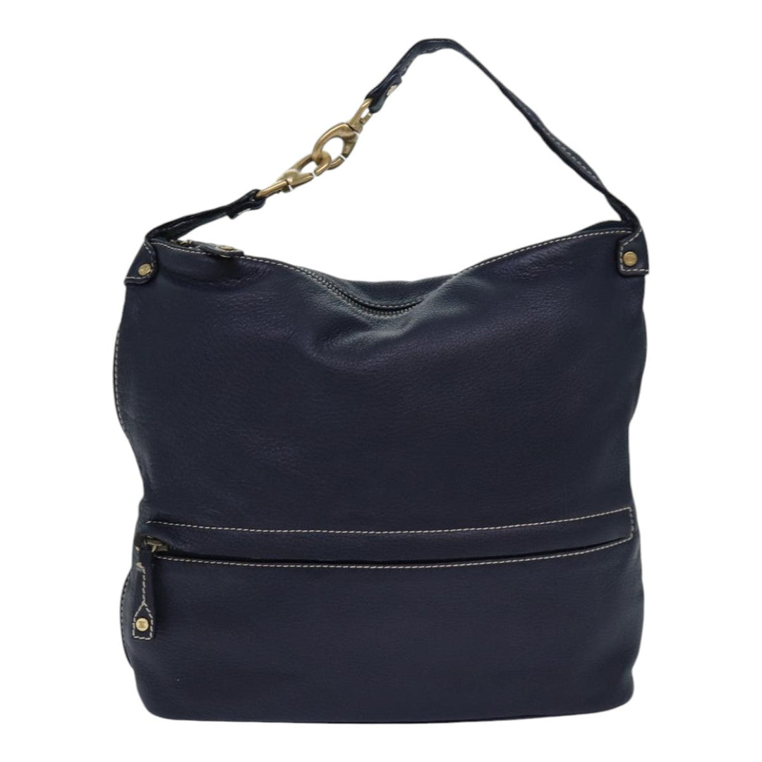 Celine Shoulder Bag Leather Navy Gold Auth 85861