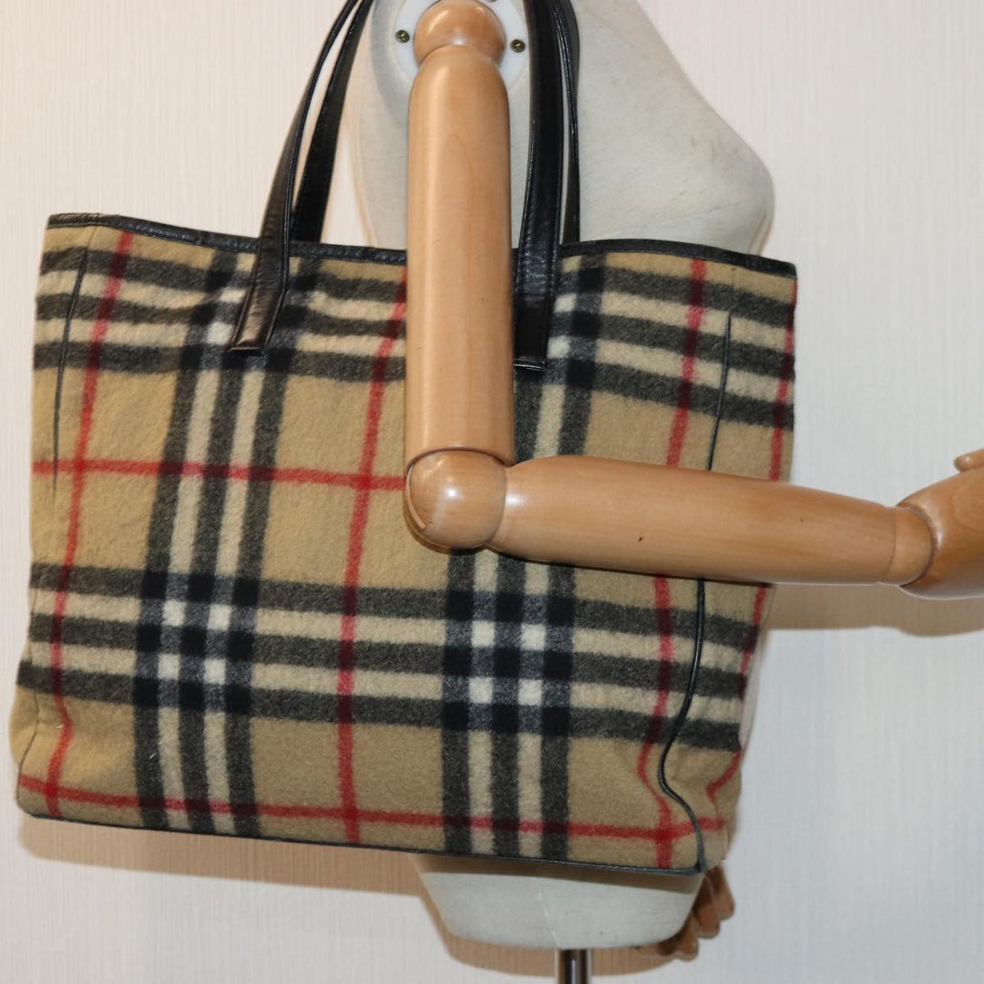 Burberry Nova Check Blue Label Shoulder Bag Wool Beige Silver Auth 85897