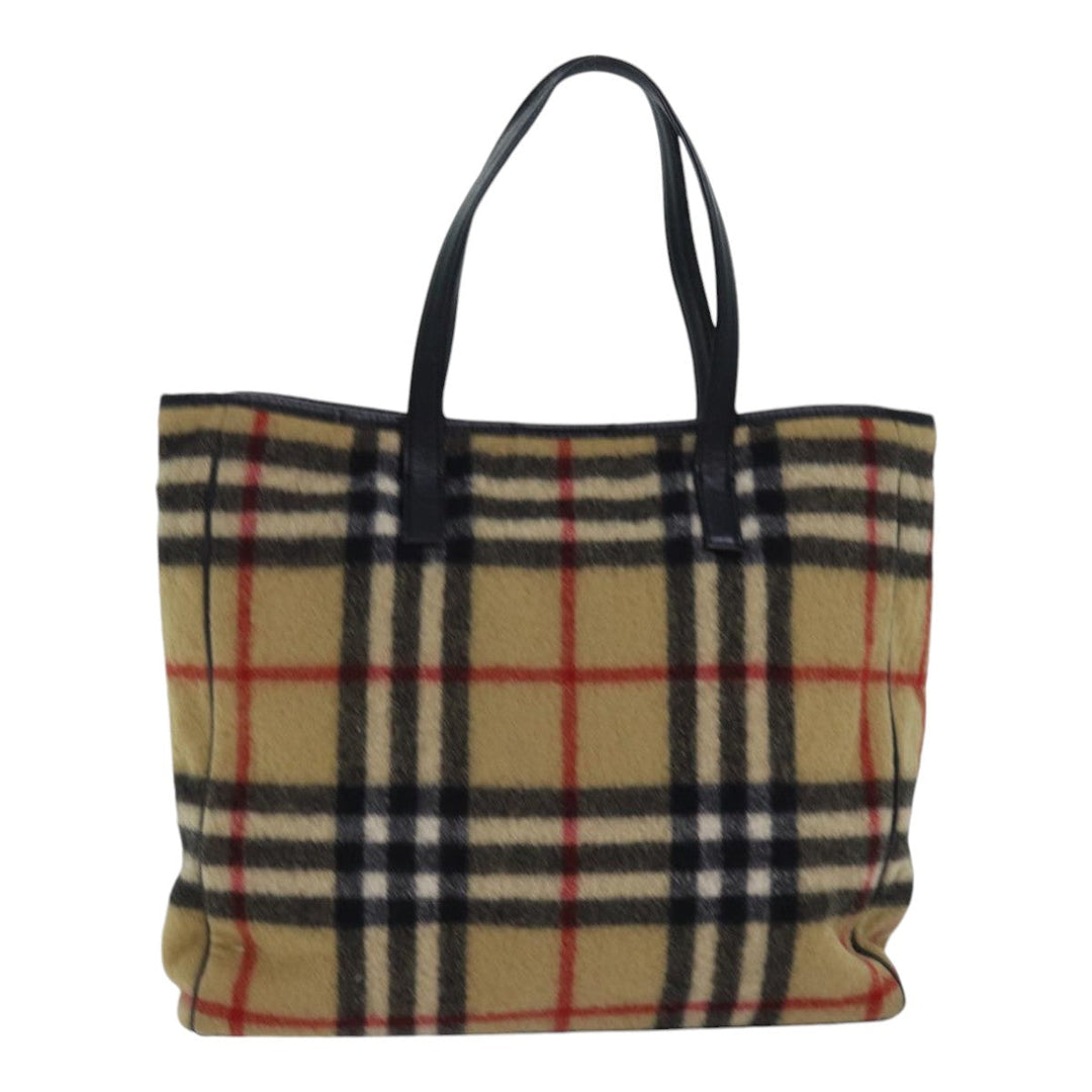 Burberry Nova Check Blue Label Shoulder Bag Wool Beige Silver Auth 85897