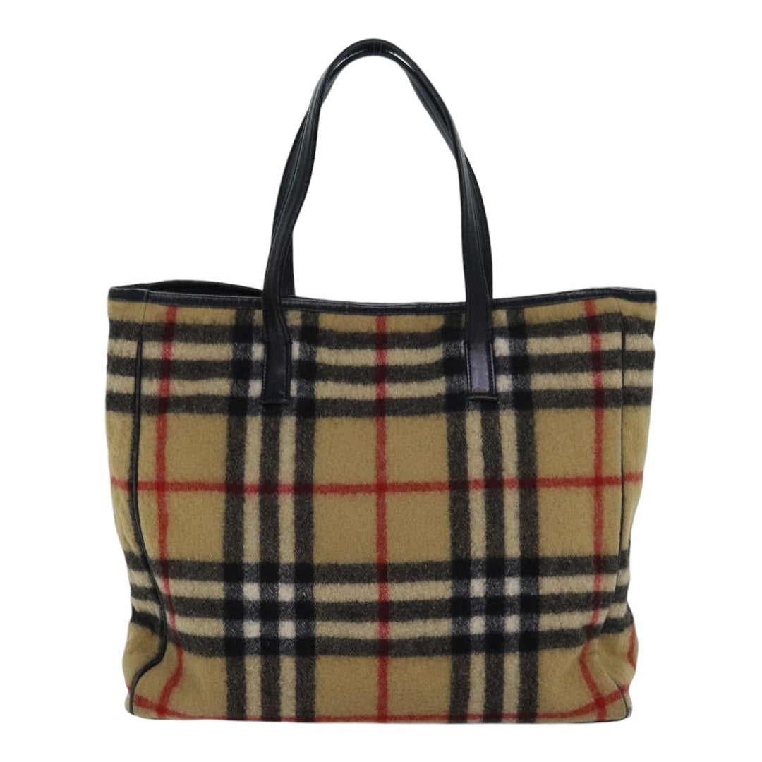 Burberry Nova Check Blue Label Shoulder Bag Wool Beige Silver Auth 85897