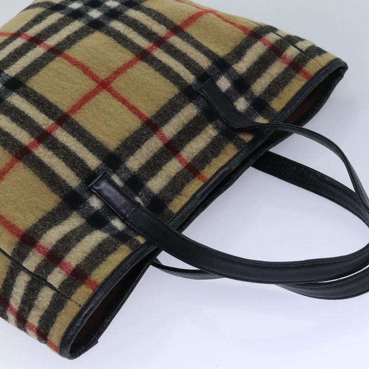 Burberry Nova Check Blue Label Shoulder Bag Wool Beige Silver Auth 85897