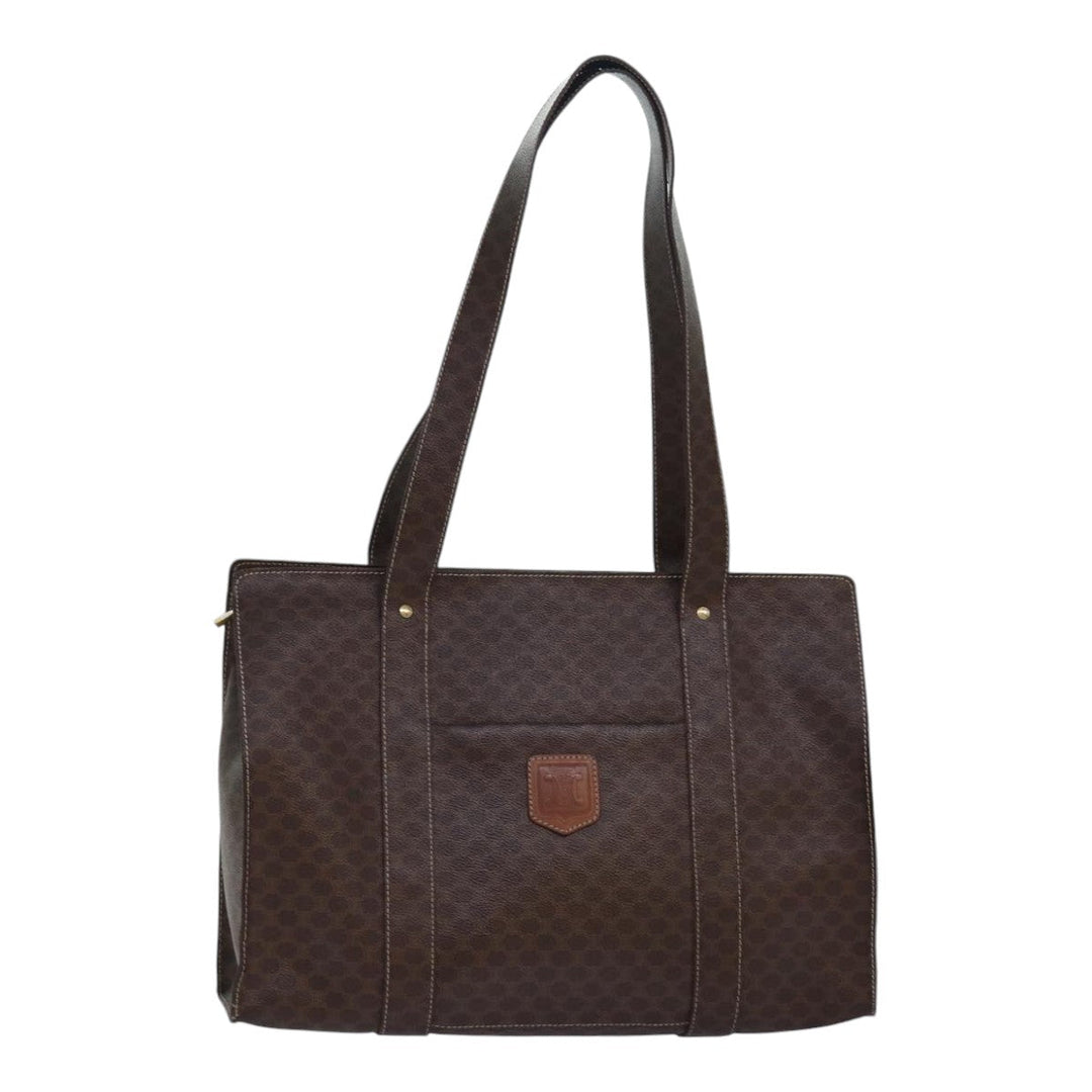 Celine Macadam Canvas Shoulder Bag PVC Leather Brown Gold Auth 85902