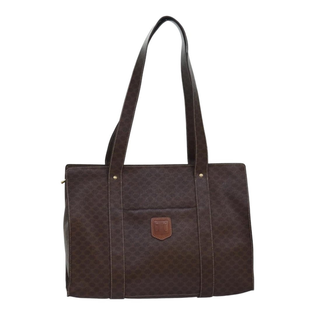 Celine Macadam Canvas Shoulder Bag PVC Leather Brown Gold Auth 85902