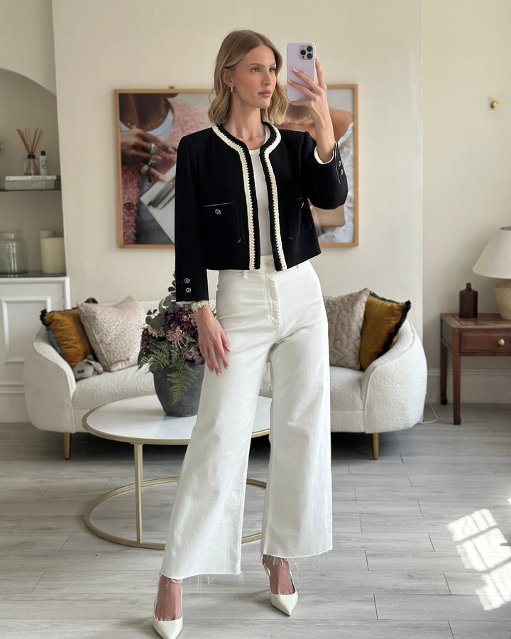 *SUPER HOT* Top Quality Chanel 22C Black, White Metallic Tweed Trim Silk Jacket and Wide-Leg Trouser Set with Crystal CC Logo Detail Size FR 42-44 (UK 14-16) Jacket RRP ¬£5,420