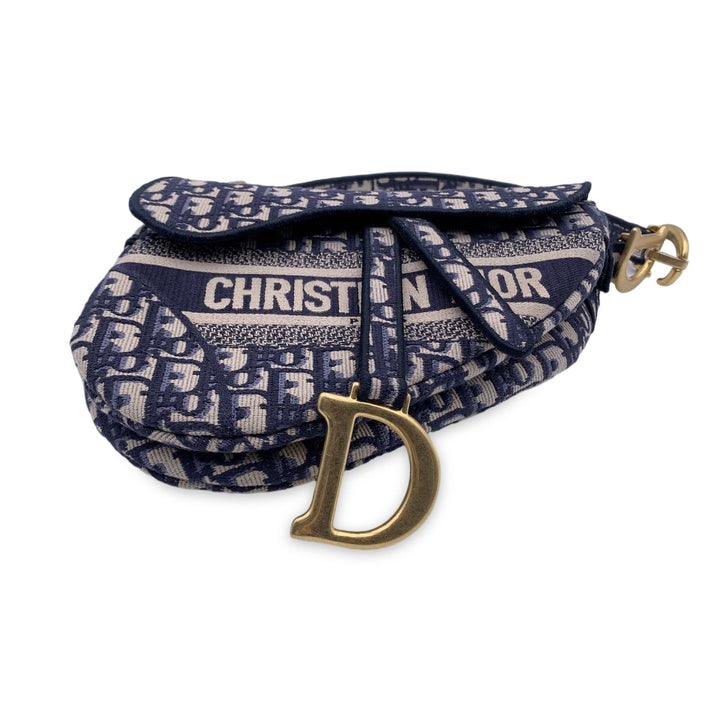 CHRISTIAN Top quality Dior Blue Jacquard Oblique Canvas Embroidery Saddle Bag