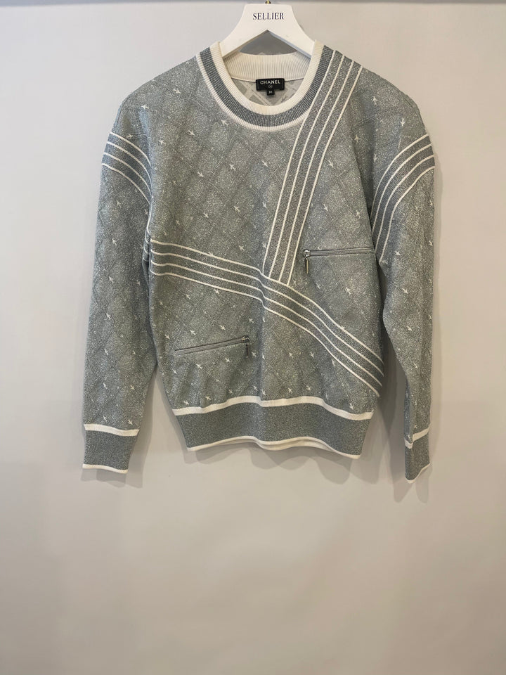 *HOT COLLECTION* Top Quality Chanel Spring / Summer 2016 Grey Metallic Airline Collection Jumper with Zip and Plane Details Size FR 36 (UK 8) RRP ¬£2,400