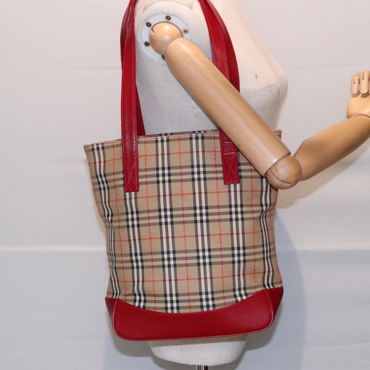 Burberry Nova Check Tote Bag Canvas Leather Beige Gold Red Auth 86159