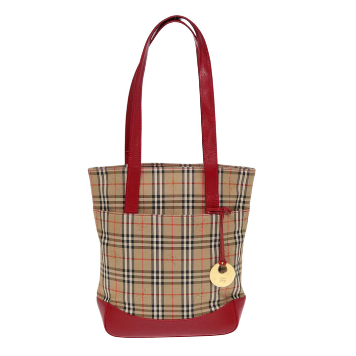 Burberry Nova Check Tote Bag Canvas Leather Beige Gold Red Auth 86159